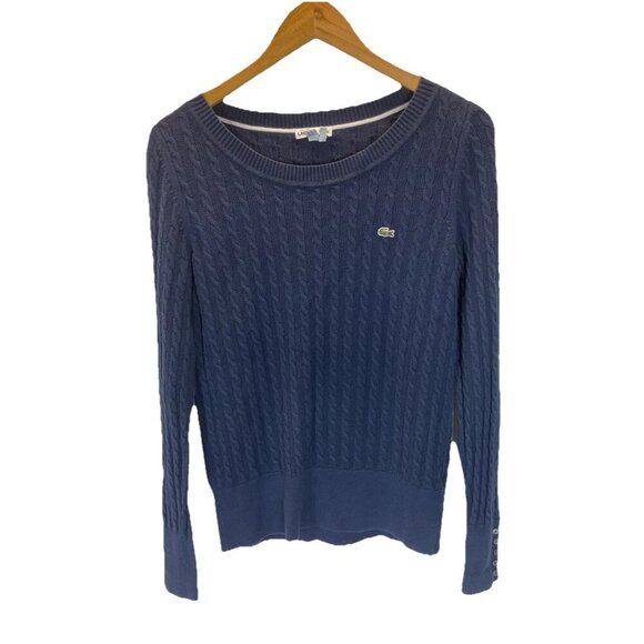 LACOSTE Women’s 40 Us 8 crew Navy Cable Knit Long Sleeve Sweater Preppy‎ Croc - Picture 1 of 10